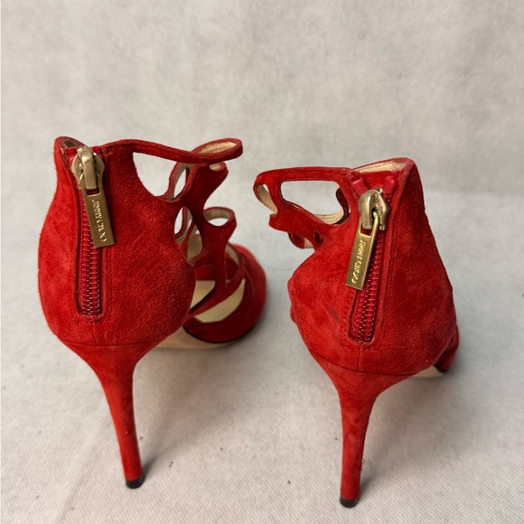 Jimmy Choo Red Suede Caged Sandal SZ 34 Excellent Ren Stiletto - Picture 3 of 4